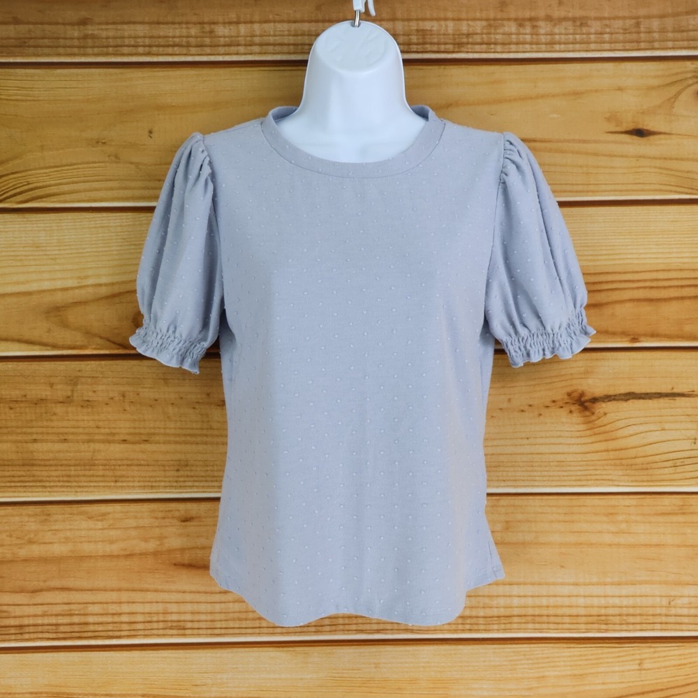 Iris Blouse Shirt Puff Sleeves Womens Sz M Light Blue Dots Polyester Round Neck